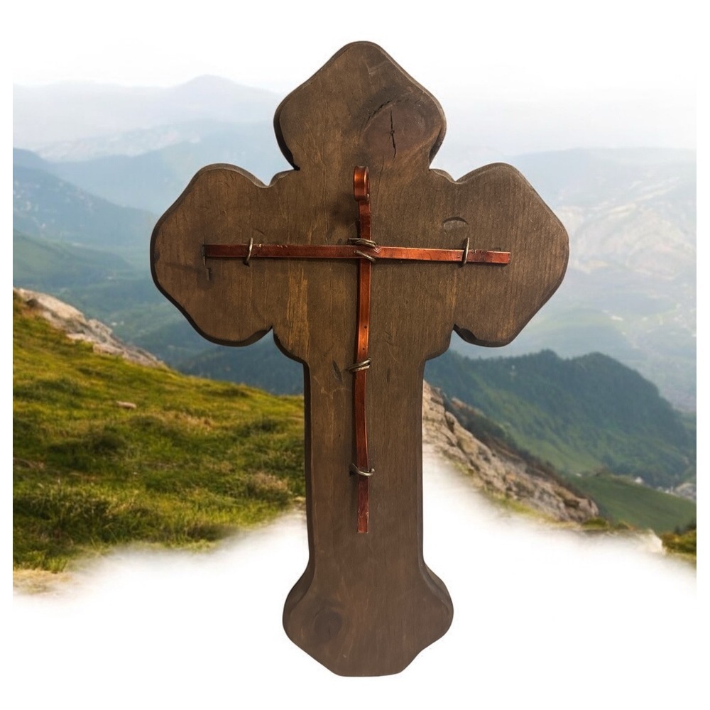 Vintage 14"‎ Religious Cross Carved Wood With Metal Jesus Christ Wall Plaque